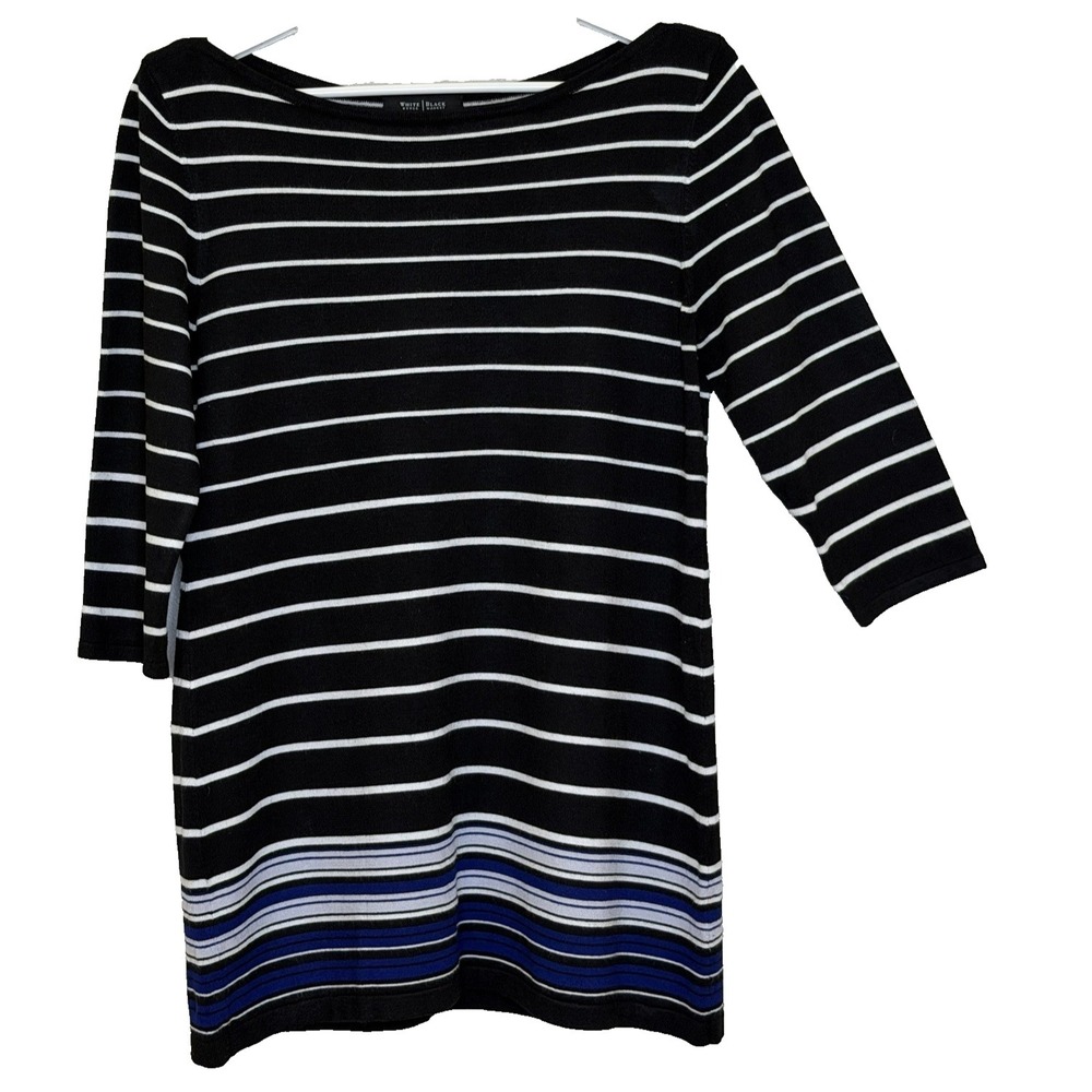 White House Black‎ Market Tunic Sweater Large Black Stripe 3/4 Sleeve Boat Neck